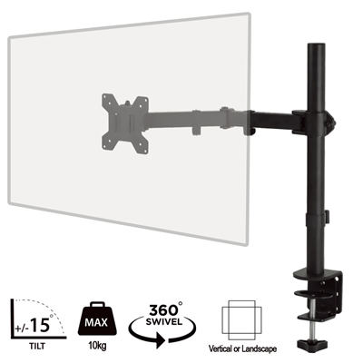 piXL Single Monitor Arm, For Screens Upto 32 inch, Desk Mounted, VESA dimensions of 75x75mm or 34 inch if 100x100mm Vesa, 180 Degrees Swivel, 15 Degrees Tilt, Weight Upto 10kg, Built in Cable Management, Black
