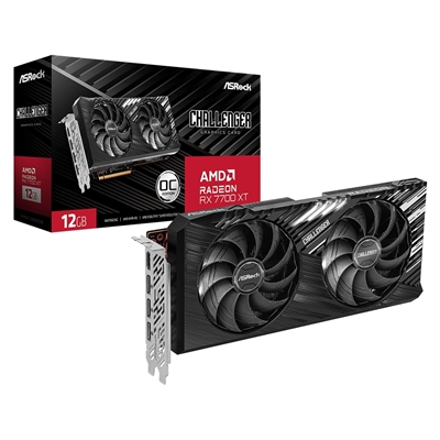 ASRock AMD Radeon RX7700 XT Challenger 12GB OC Graphics Card, GDDR6, 3x DisplayPort, 1x HDMI, Dual Fan, Ultra-Fit Heatpipe, Metal Backplate, 0dB Silent Cooling