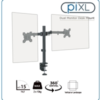 piXL Double Monitor Arm, For Upto 2x 27 inch Monitors, Desk Mounted, VESA dimensions of 75x75mm or 100x100mm, 180 Degrees Swivel, 15 Degrees Tilt, Weight Upto 10kg per screen, Built in Cable Management